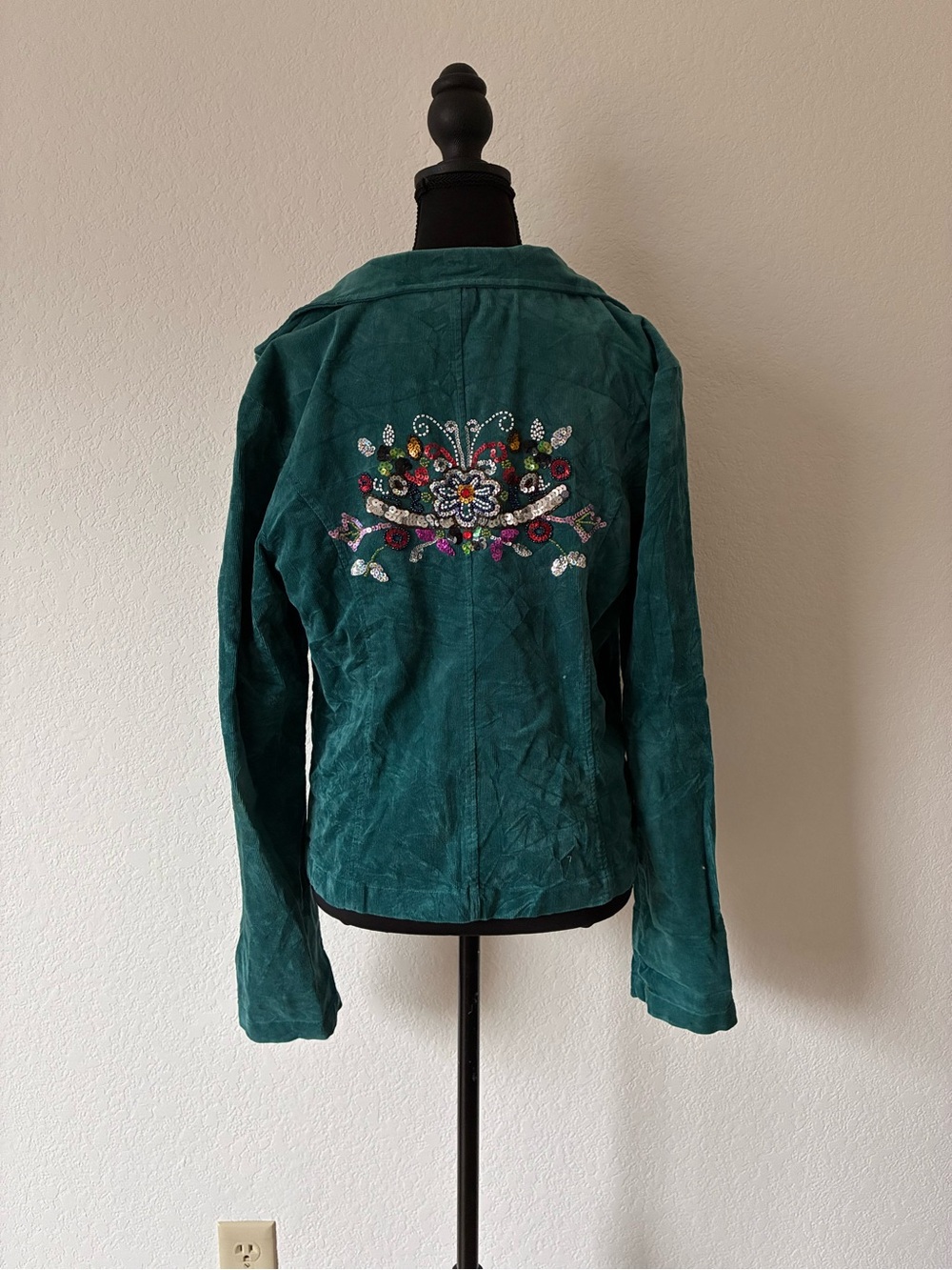 Beaded Embellished Teal Corduroy Blazer Bohemian Artsy Free Spirit Everyday - Picture 4 of 6